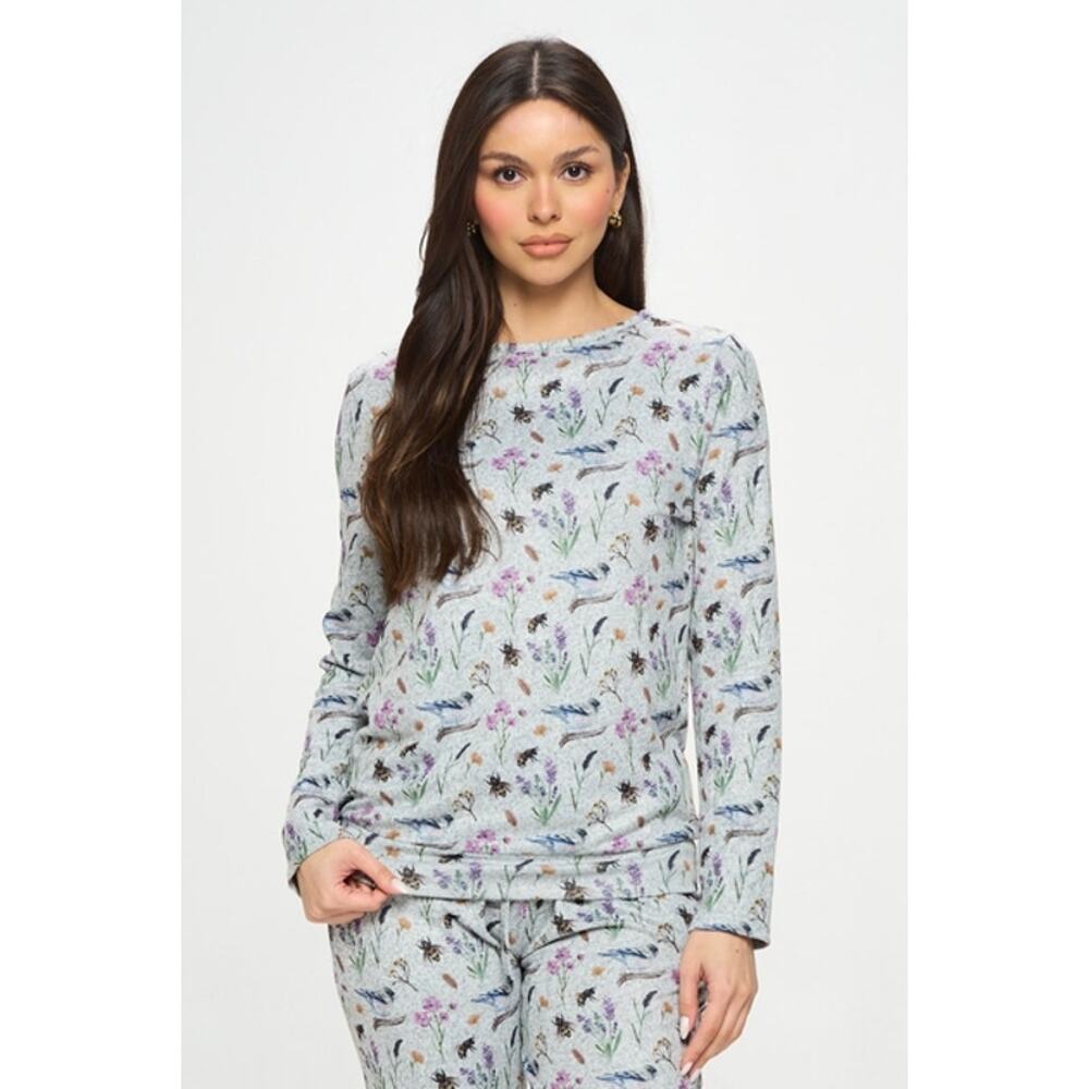 SM Wardrobe Bird & Bee Floral Print Long Sleeve Crew Neck Pullover Top